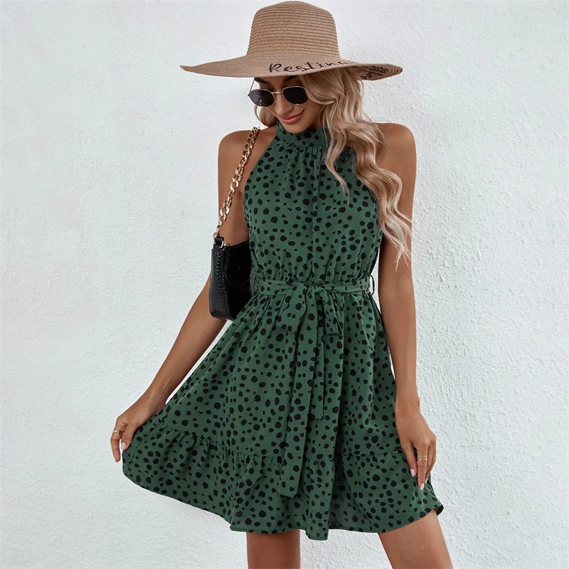 

Turtleneck Dot Fashion Dress Women Ruffles A Line Chiffon Women Clothing Streetwear Summer Sleeveless Printing Boho Mini Dress