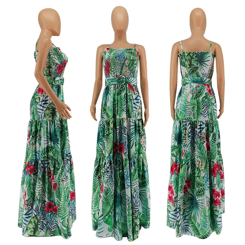 MY605 printed jumpsuit women's 2025 new spring pleated splicing large swing skirt printed dress, women's jumpsuit