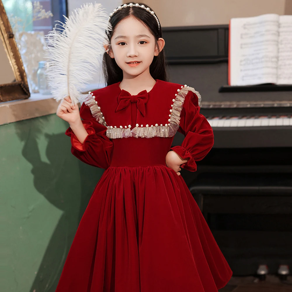 Robe de princesse en velours rouge pour filles, volants, col marin, manchette élastique, ligne A solide, robes de performance de piano, robe de demoiselle d'honneur, 3-8T