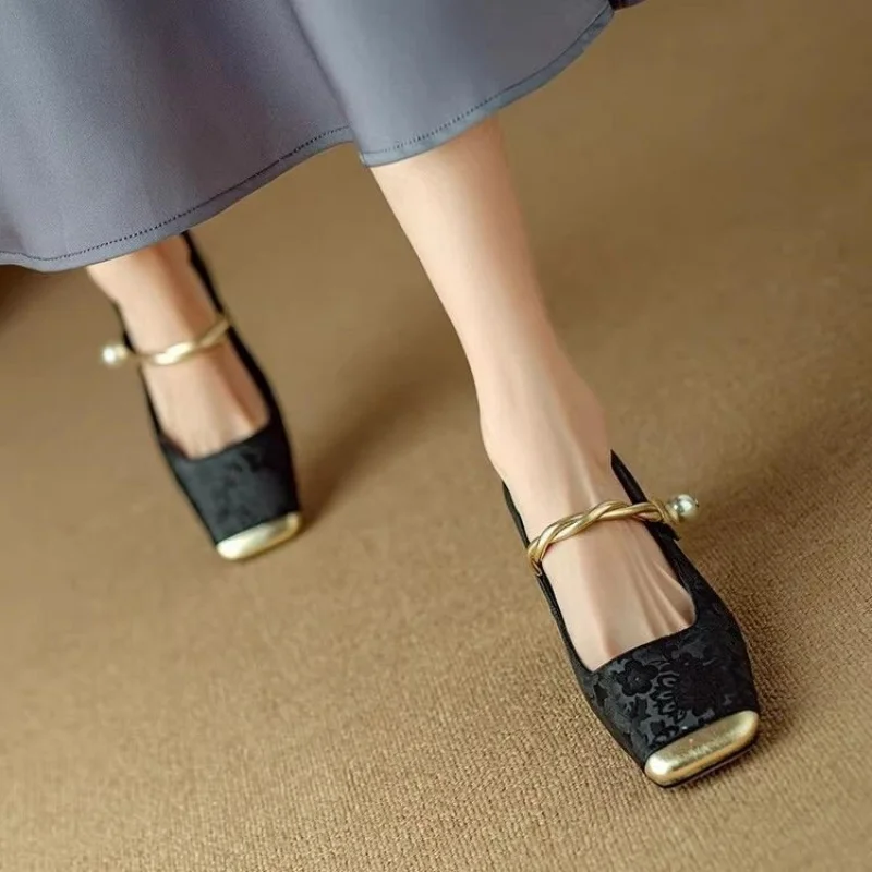 2025 New Women's Spring High Heels Chinese Style Single Strap Pumps French Mixed Color Square Toe Chunky Heel Pearl Mary Janes