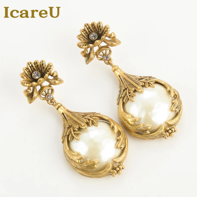 

Vintage Pearl Earrings Dangle Drop Large Antique Gold Color Flower Accessories For Women Luxury Brands Designer Jewelry 2025