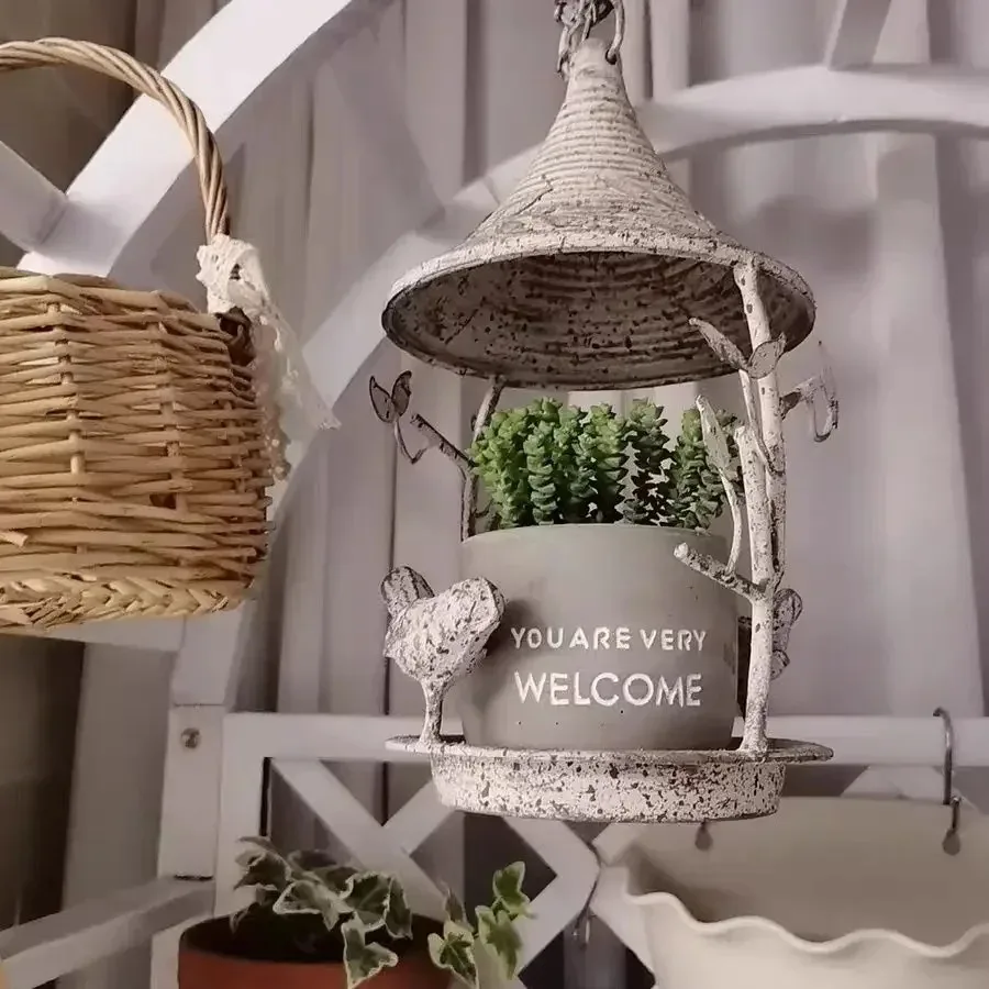 

Iron Hanging Umbrella Shaped Bird Feeder Three Little Birds Birdcage Flower Rack Outdoor Garden Iron Chain Hanging Flower Pots