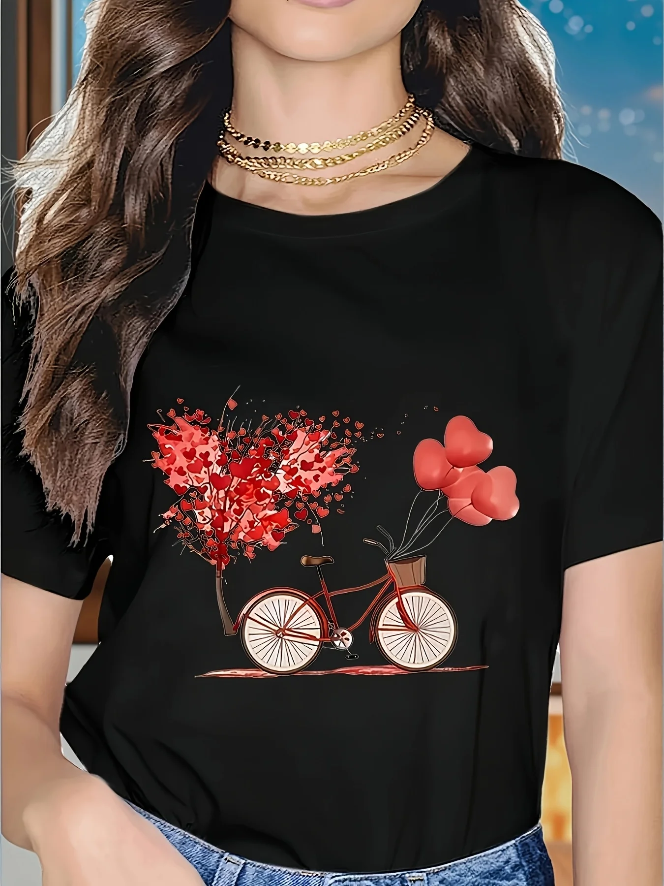 

plus size tops T-shirt Romantic Bicycle Balloon Print Simple Round Neck Without Ball Breathable Comfortable Milk Silk fabric