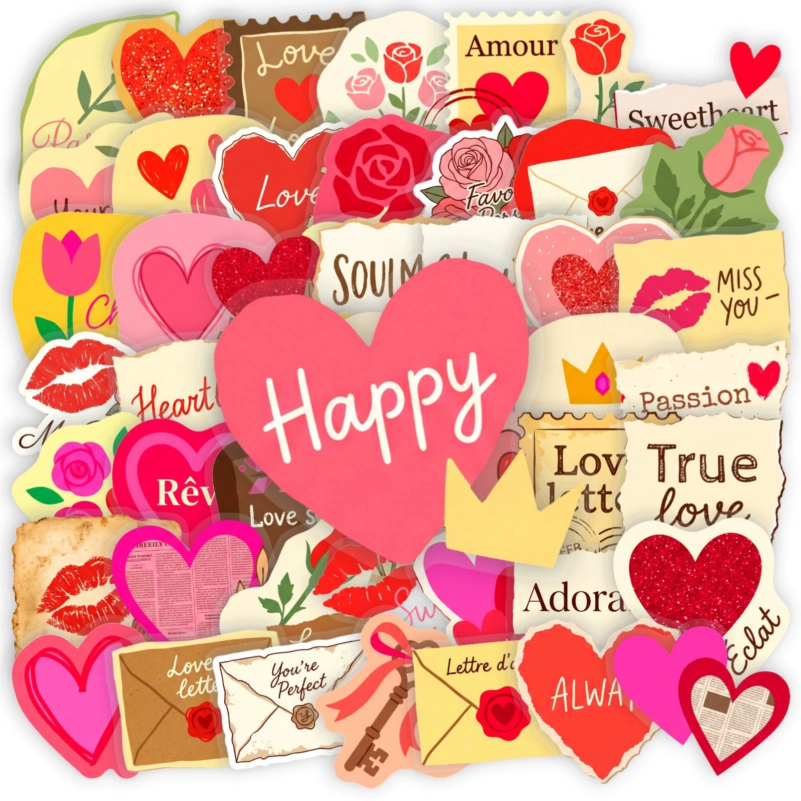 50 Pcs Vintage Confession Love Theme Stickers PET Heart Rose Romantic Waterproof Decals for Laptop Gift