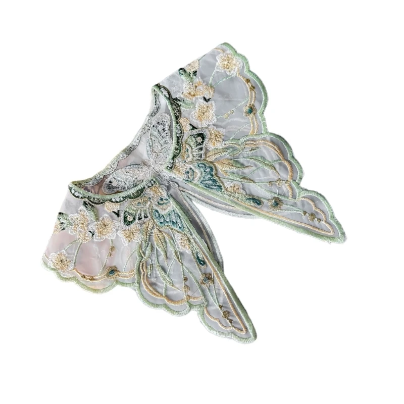 50JB Women Girls Chinese Embroidered Butterfly Flower False Collar Pearl Tassels Small Yunjian Shawl Scarf for Dresses