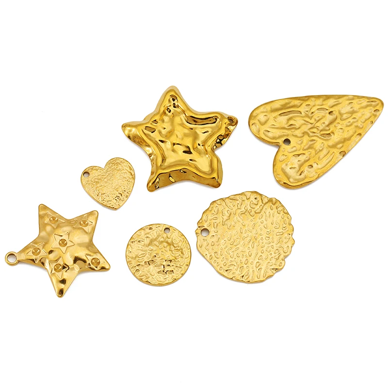 4pcs Stainless Steel Round Love Heart Pentagram Charm 18K Gold Plating Pendant for DIY Necklace Earrings Jewelry Making Supplies