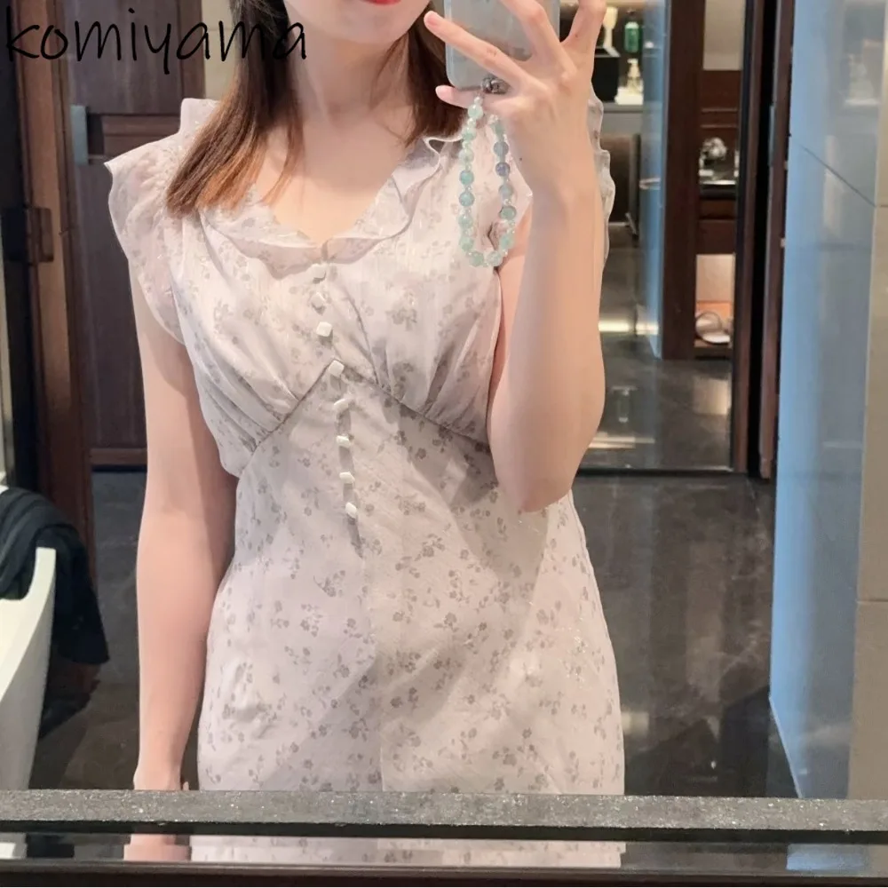 

V Neck Ruffles Dress Print Tunic A-line 2025 Vestidos Sleeveless Dresses Woman Japan Sweet Robe Summer Fashion Ropa Mujer