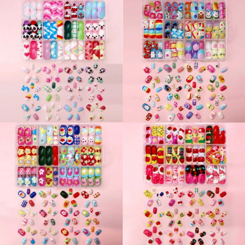 

288 Pieces Girls False Nails Press On Nails Children Cute Cartoon Full Cover Adhesive Nail Patch Tips Kids Manicure Decorations