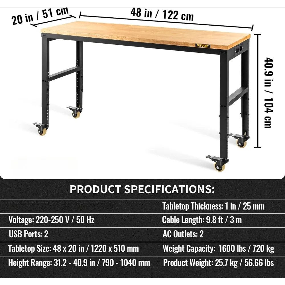 Adjustable Workbench, 48" L X 24" W Hardwood Work Bench with Universal Wheels & Foot Pads, 2000 LBS Load Capacity Heavy-Duty