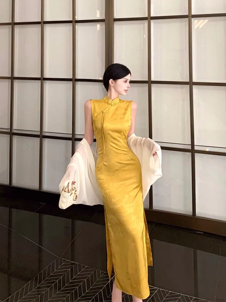 ReddaChic Women's Qipao Dress with Split Tank Jacquard Sleeveless Slit Mandarin Collar Cheongsam Chinese Style Formal Clothes