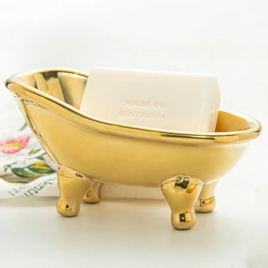

5.6" Ceramic Mini Bathtub Soap Dish Decortative Clawfoot Bathroom Soap Dish Golden