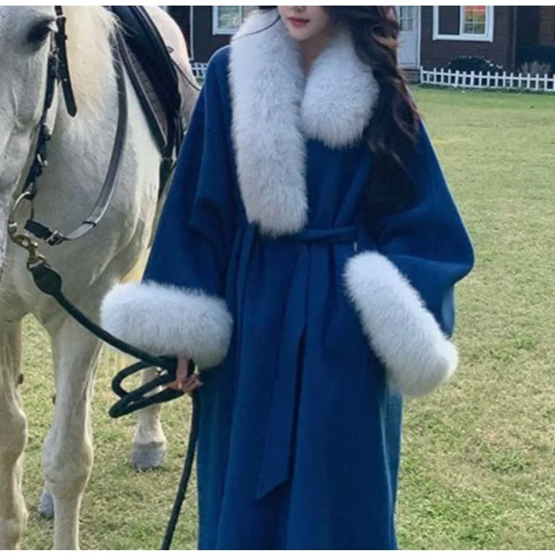 

Зимнее длинное шерстяное пальто, темпераментное легкое роскошное насыщенное дочь, модное шерстяное пальто с меховым воротником на шнуровке для женщин