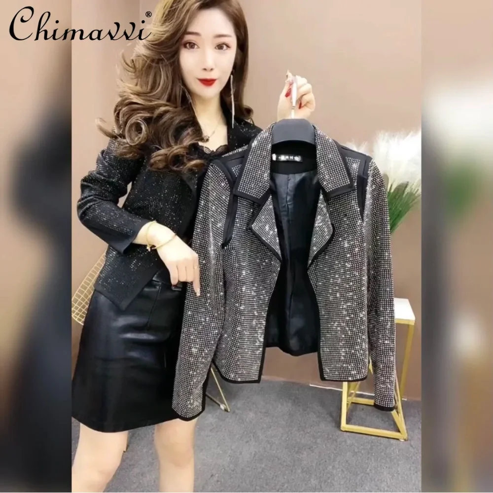 

2024 Autumn Rhinestone Suit Jacket Fashionable Slim Fit Full Diamond Short Slimming Streetwear Long Sleeve Coats Women's Top