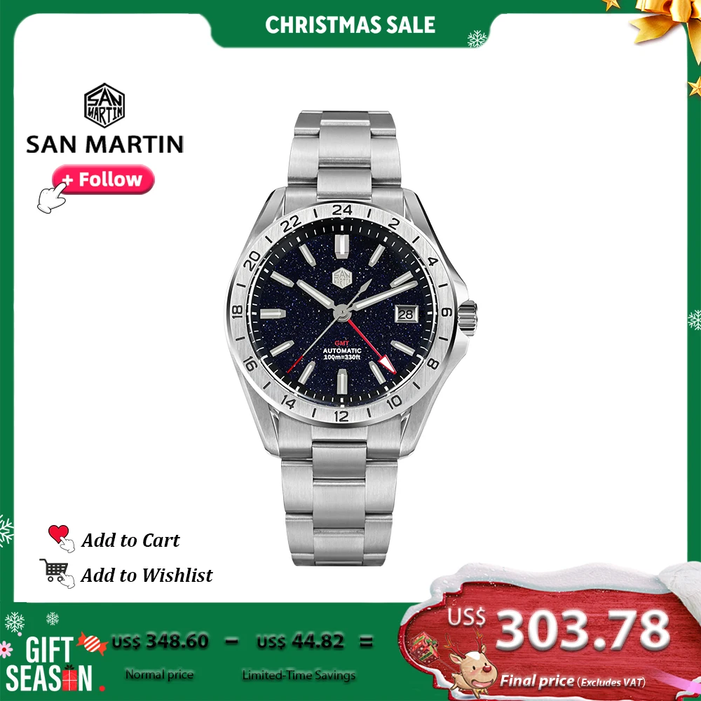 

San Martin 39mm GMT Luxury Men Watch Aventurine Gemstone Dial NH34 Stainless Steel Automatic Mechanical Wristwatch 100m SN0129