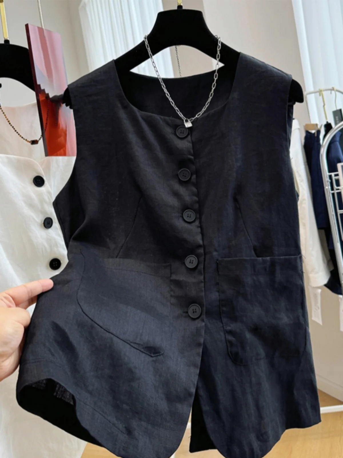 

Высококачественный льняной костюм в стиле ретро, жилет, женский летний свободный многослойный топ на одной пуговице с накладкой на плечах