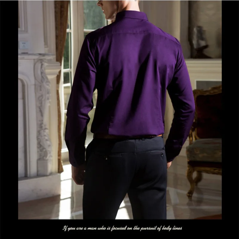New Men's Wedding Shirt Dark Purple Long Sleeve Casual Dress Shirt