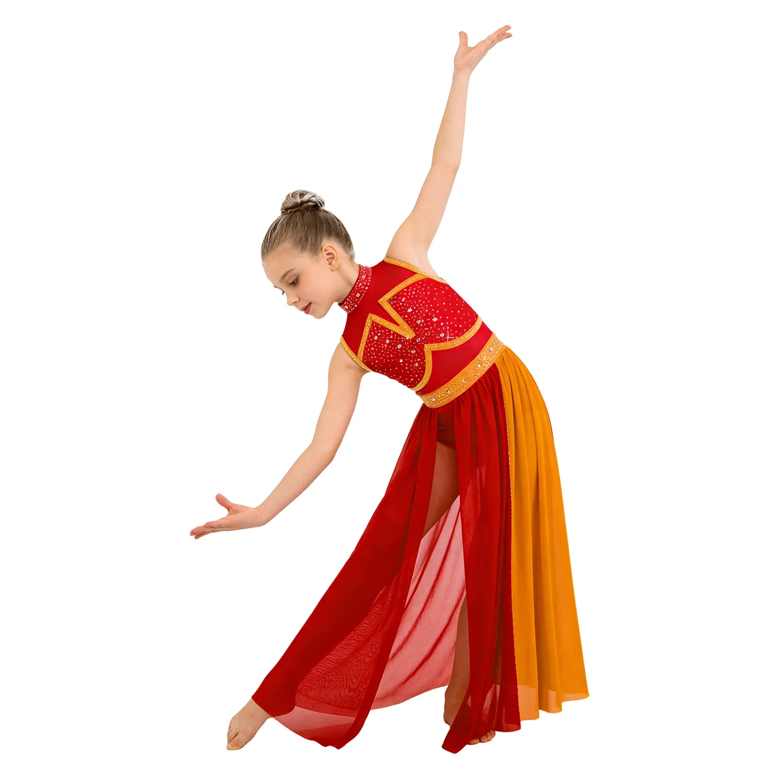 Girls Gymnastics Figure Skating Ballet Lyrical Dance Performance Costume Maxi Skirted Side Split Mesh Contemporary Classical
