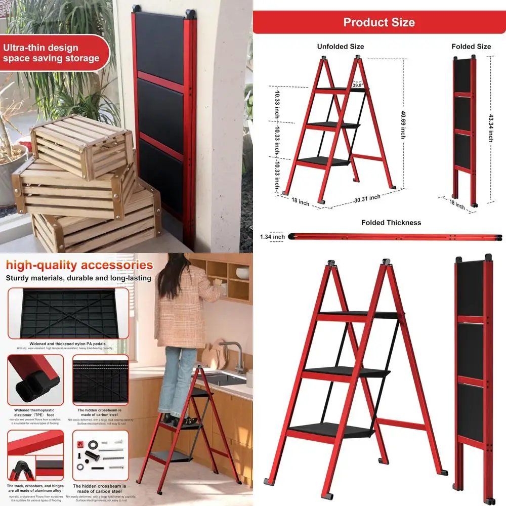 

Алюминиевая складная 3-ступенчатая лестница — ультратонкая, вместимость 400 фунтов, противоскользящая, широкие ступеньки для дома, кухни, офиса
