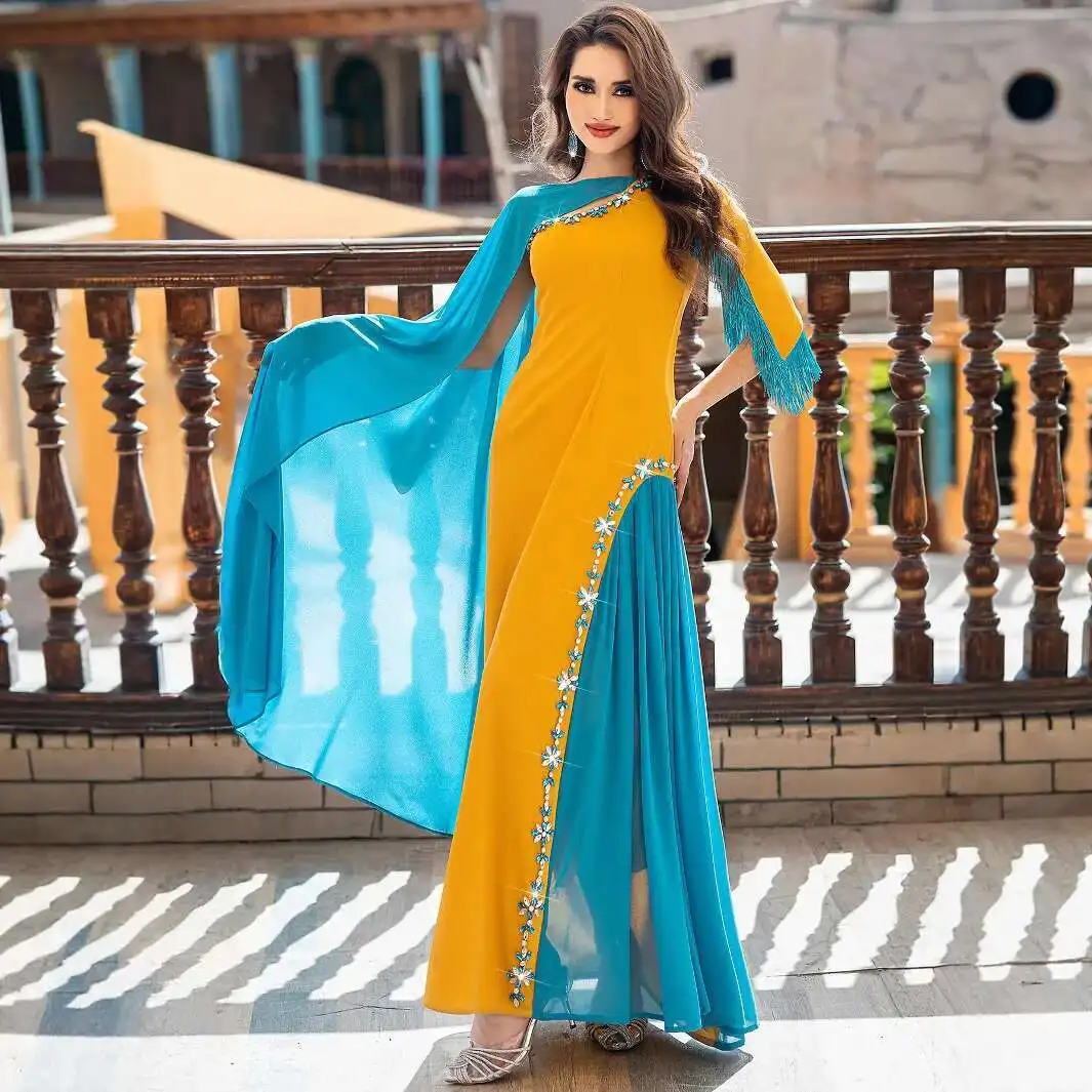 

Ba5187 Fashion Color Block Asymmetric Half Cape Dress with Glass Beads and Tassels Abaya for Women Dubai Luxury Islam Elegant
