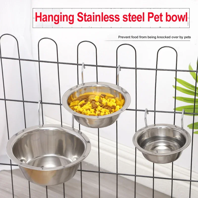 Stainless Steel Pet Hanging Bowl Feeding Dog Puppy Cat Bird Parrot Food Water Cage Cup Holder with Hook Feed Products