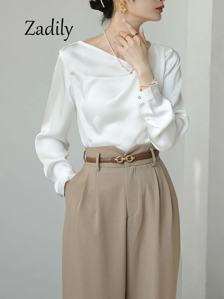 Zadily 2024 Spring Office Lady Long Sleeve Women Basic White Blouse Shirt Korea Style Folds Work Satin Shirts Female Tops