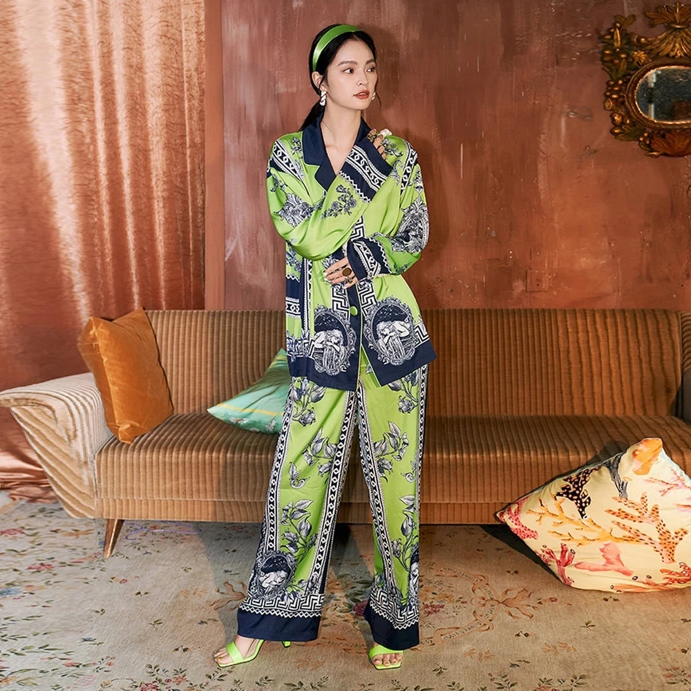 

Boho Style Women Green Pajama Set Silk Summer Ladies Homewear Can Be Worn Outside Luxury Satin Comfortable Pyjama For Female