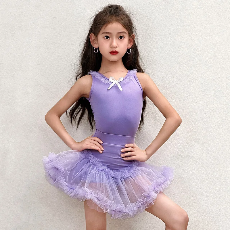 

Детский костюм для выступлений в латиноамериканских танцах: боди без рукавов с открытой спиной и юбка с сетчатыми оборками для девочек, для соревнований