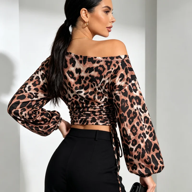 Women Blouse Leopard Print Asymmetrical Off Shoulder Long Sleeve Side Drawstring Ruched Waist Slim Fit Top for Club Daily Casual