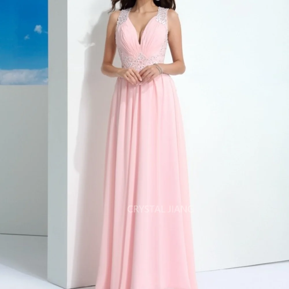 

Robes De Soirée Long Strapless Chiffon Natural Waist Sleeveless with Beaded Zipper Back A Line Floor Length فساتين سهره