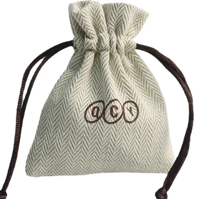 

Custom Printed Beige Herringbone Cotton Drawstring Pouch Jewelry Candy Packaging Bag Eco-Friendly Bulk