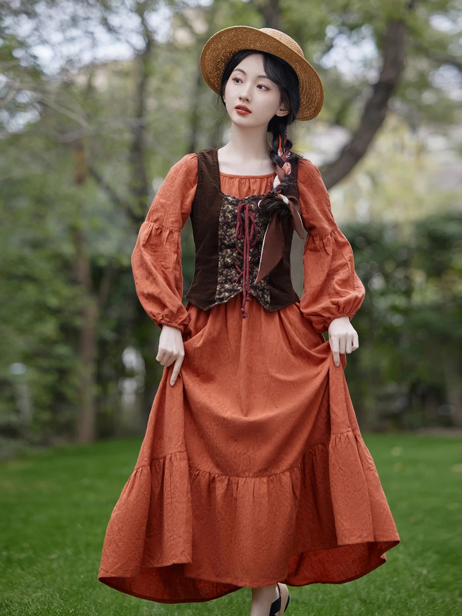فستان أنيق من Cotton agecore Prairie Mori Girl فستان كلاسيكي من القطن والكتان على الطراز الفرنسي مع سترة من القرون الوسطى ريترو فيستدو فيستا
