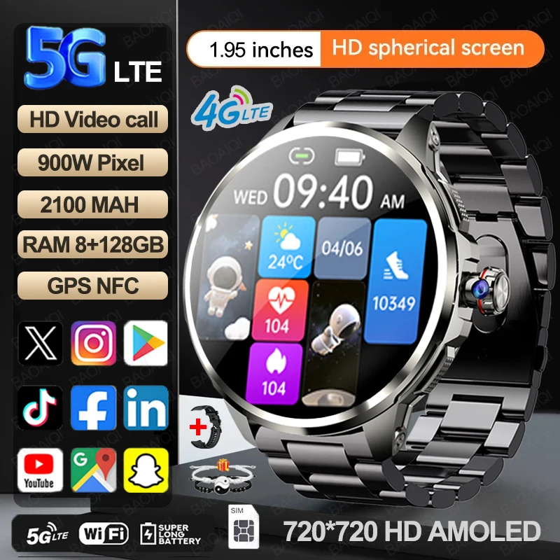 8GB+128GB RAM 4G Smart Watch 1.95 inch AMOLED 2100mah Battery 900W Camera GPS WIFI Google APP Download Android 9.0 5G Smartwatch