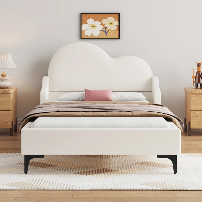 

Twin Size Upholstered Platform Bed with Cloud-shaped headboard, Beige