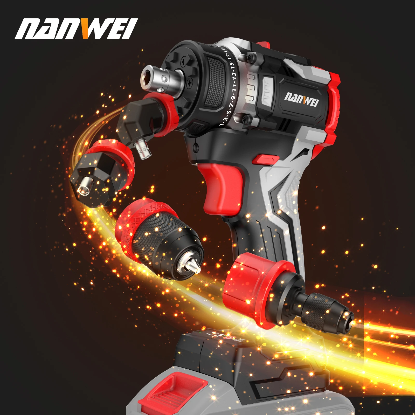 NANWEI 20V Brushless Drill Four-in-One Multi-Head Lithium-Ion Drill Quick-Change Chuck Multi-Head Household Pistol Drill