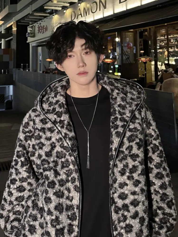 

Men's Thiened Warmth Cotton Jaet 2024 New American Retro Leopard Print Casual Faionable Winter Coat Youth Sle