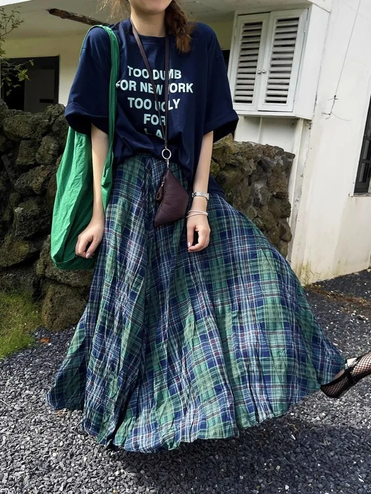 British Retro Daek Blue Green Retro Long Plaid Skirts Crumpled Elastic Waist Full Skirt Boho Vacation Beach Dress Casual Summer