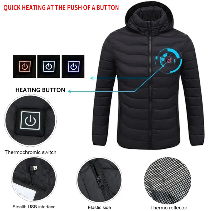 USB Rechargeable Heated Jacket Cotton Hooded Jacket Electric Heated Warm Jacket Outdoor Camping Hiking