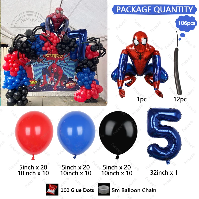 106 szt. Balony Disney Spiderman girlanda Arch Kit czerwone niebieskie lateksowe balony w wieku 1-9 lat urodziny dla dzieci ozdoby z motywem Air