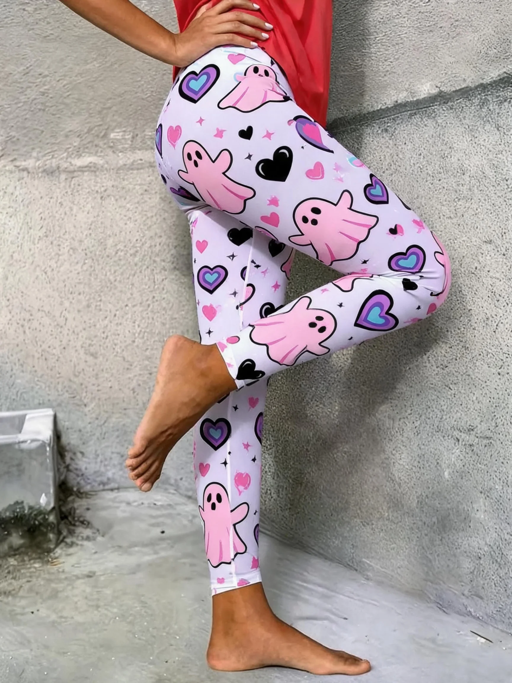 Cute Halloween Leggings Women Light Purple Base Pink Ghost Colorful Heart Slim Stretch Party Pants
