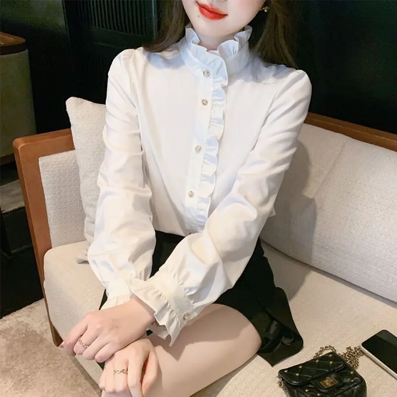 French Court Style Lotus Leaf Edge Standing Collar Shirt for Women New White Interior Shirt High-end and Chic Top