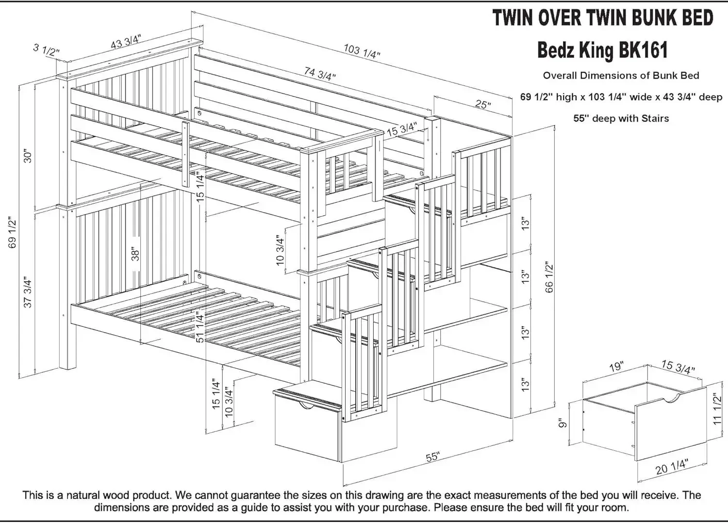 Tall Stairway Bunk Beds Twin Over Twin With 4 Drawers In The Steps And 2 Under Bed Drawers 103.25