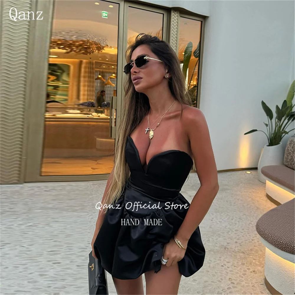 Qanz Mini Black Prom Dresses Sweetheart Short Cocktail Dresses A Line Above Kneen Lace Up Back Wedding Party Dress Customized