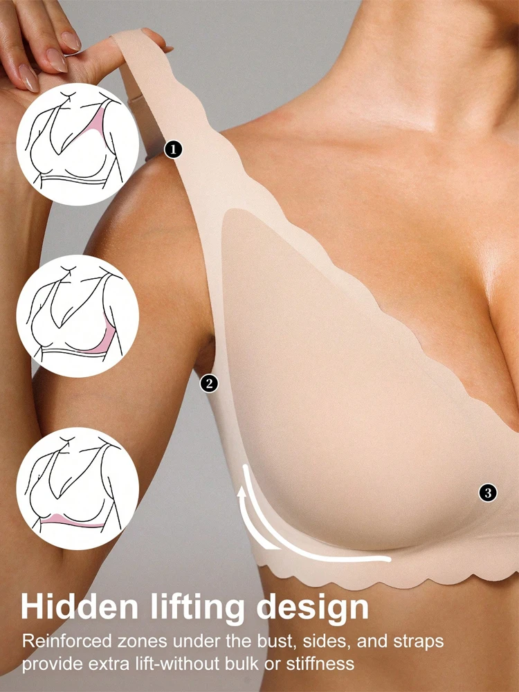 Damen-BH mit Wellenrand, kabellos, nahtlos, bequem, mit herausnehmbaren Polstern, verstellbaren Trägern, rückenfrei, atmungsaktiv, Bralette – Detail 4