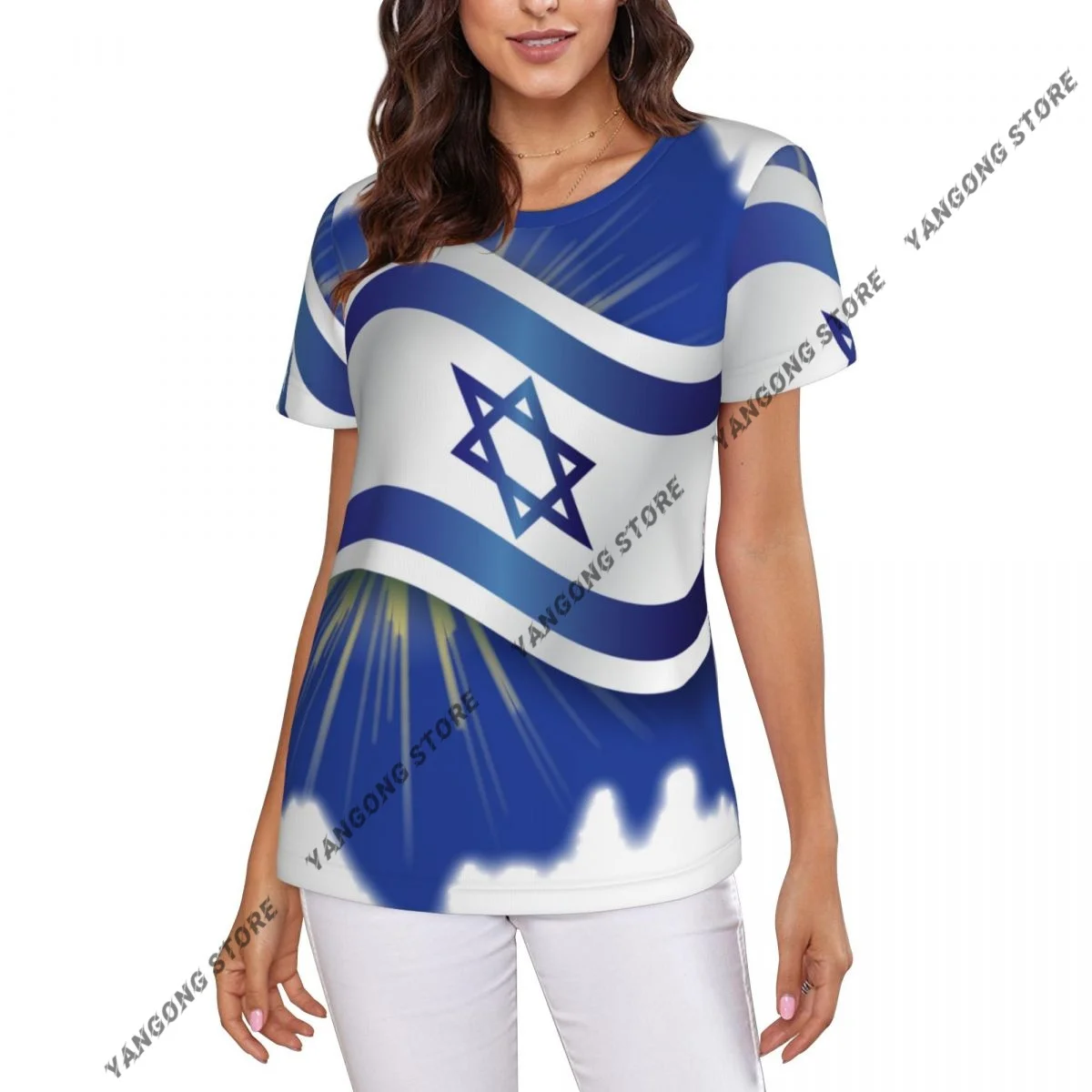 

Women Short Sleeve Top Israel Independence Day Flag T-shirt Fashion Summer Female Tops Loose Round Neck T Shirt
