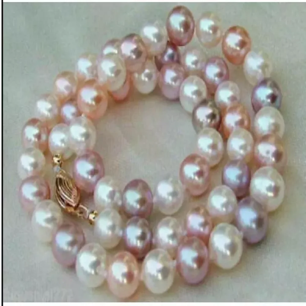 

Authentic 18/36 inch AAA+9-8mm AAA South Sea Natural White Pink Purple Pearl Necklace 14K