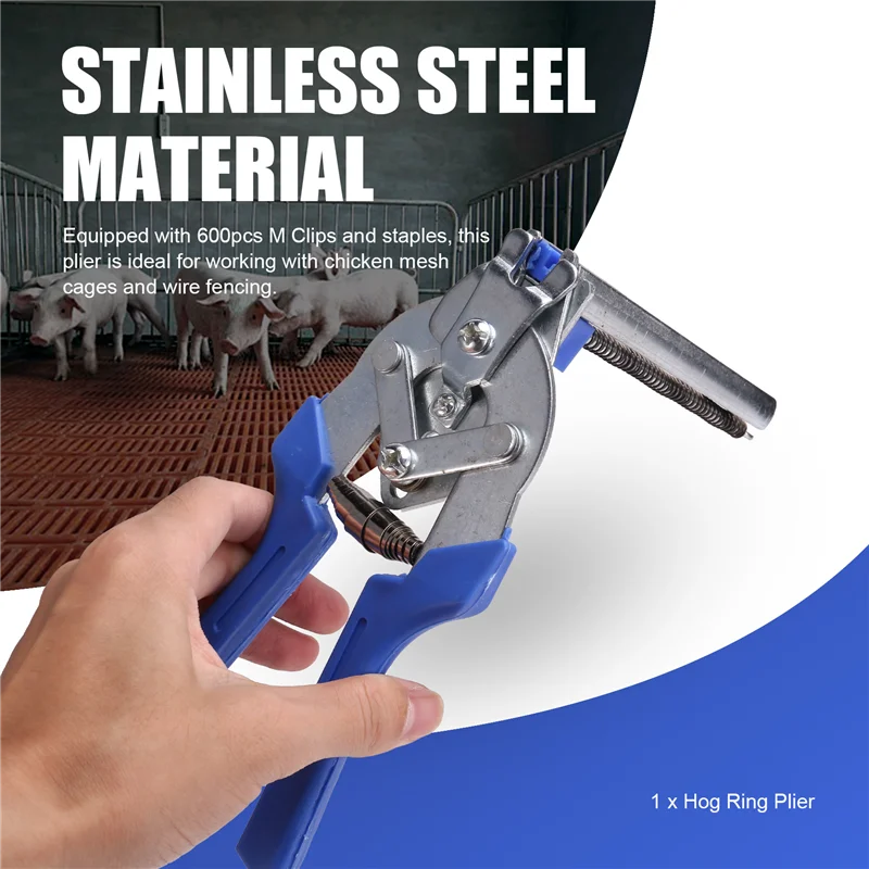 

A21Q -Hog Ring Plier Tool With 600Pcs M Clips Staples Chicken Mesh Cage Wire Fencing Anti-Slip Handle Hand Tools