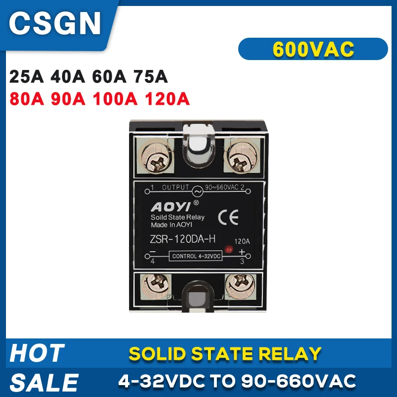 600VAC Solid State Relay SSR 600VAC 25A 40A 60A 75A 80A 90A 100A 120A DC Control AC For Temperature Control