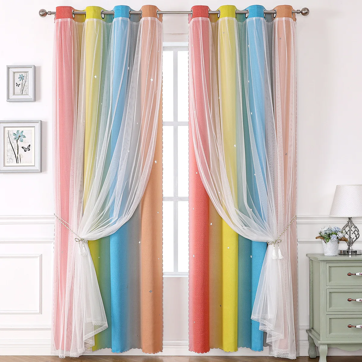 

Starry Night Princess Curtains Blackout Sheer Rainbow Gradient Curtain For Girl Bedroom Double Layer Lace Trim 132X160cm W52 L63
