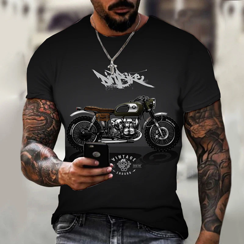 Summer Men\'s T-shirt 3D Retro Motorcycle Print T-shirt Men\'s Clothing Racing Pattern Men Short Sleeve Top Street Clothing