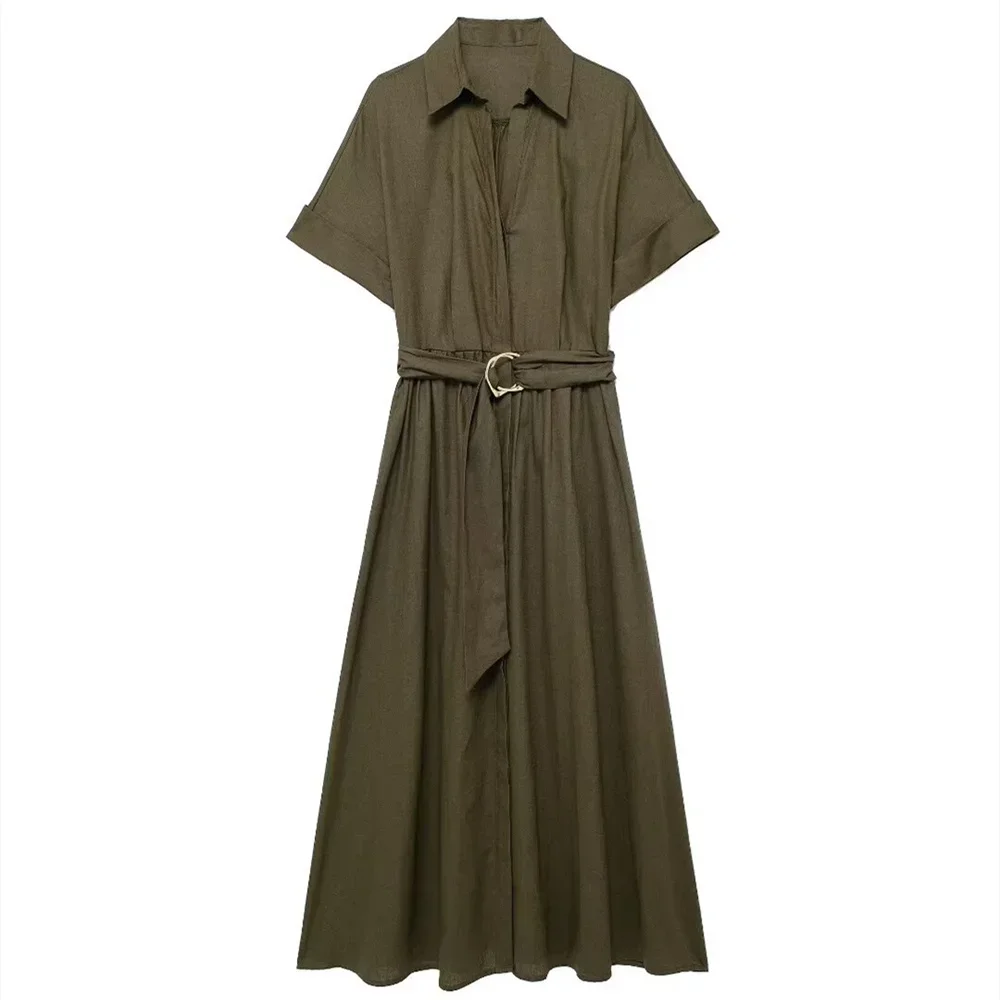 Zomer Dames Jurk Mode Minderheid Linnen Gemengde Midi Vrouwelijke Shirt Stijl Jurken